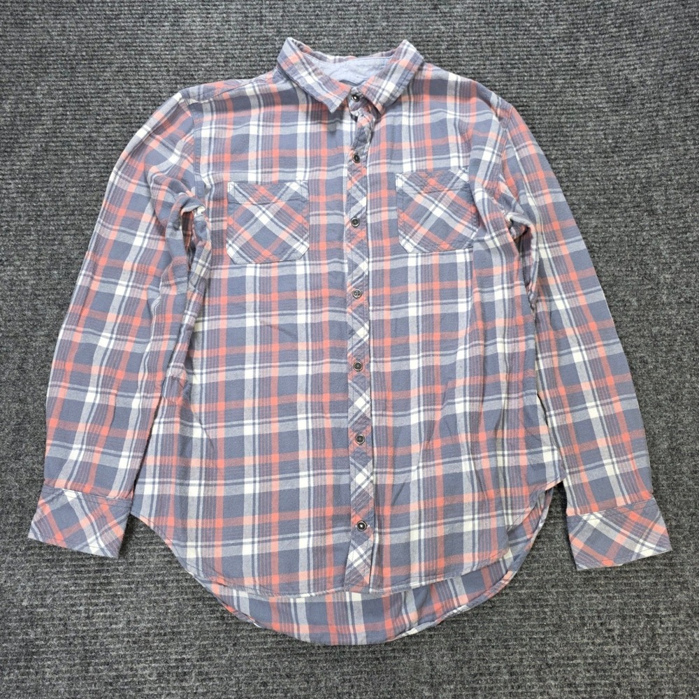 pd&c Flannel Button Down Shirt Women's Size L Blue Orange Plaid Long Sleeve
